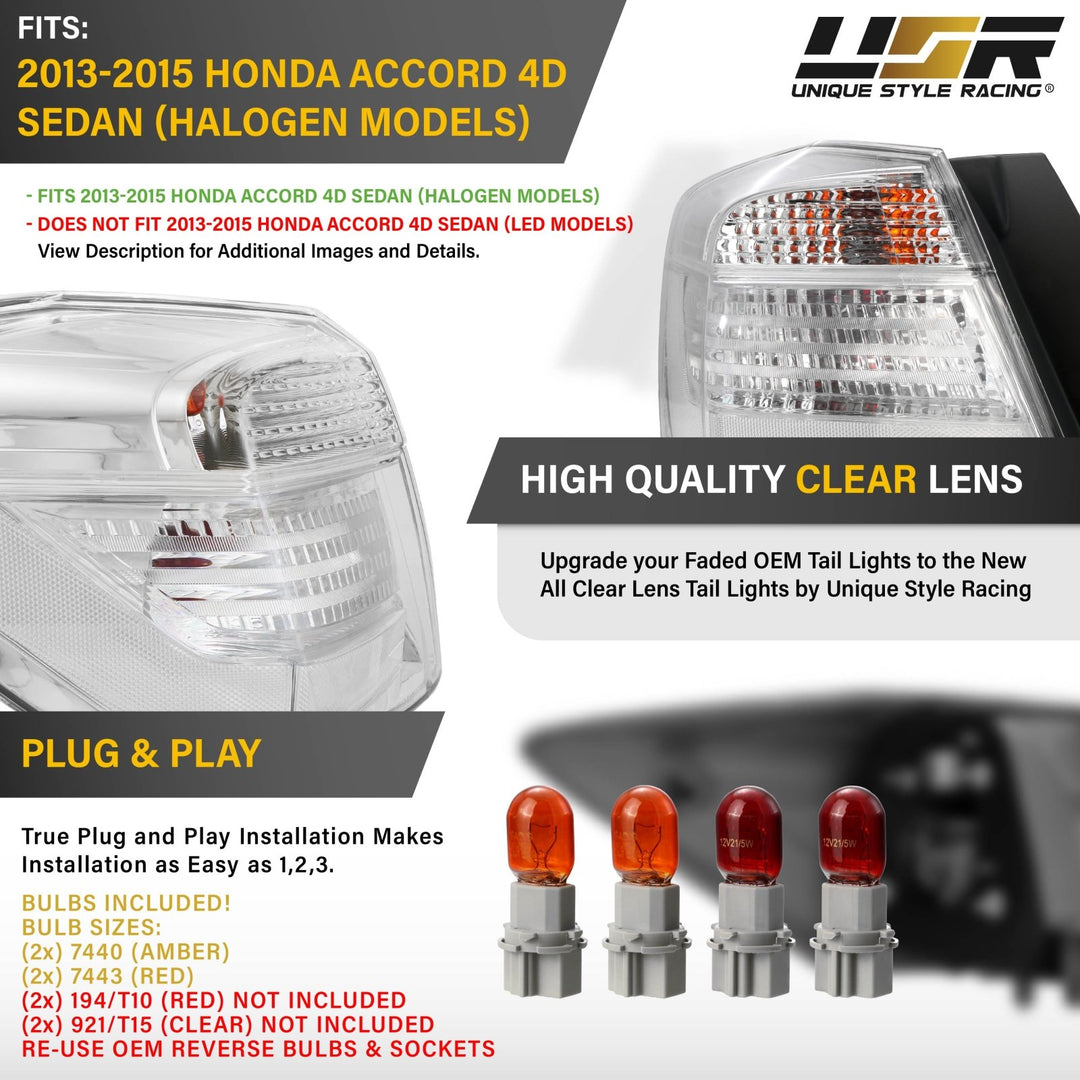 2013-2015 Honda Accord 4D Sedan All Clear Lens Tail Lights
