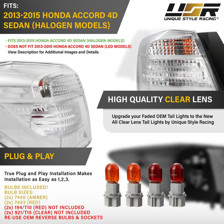 2013-2015 Honda Accord 4D Sedan All Clear Lens Tail Lights