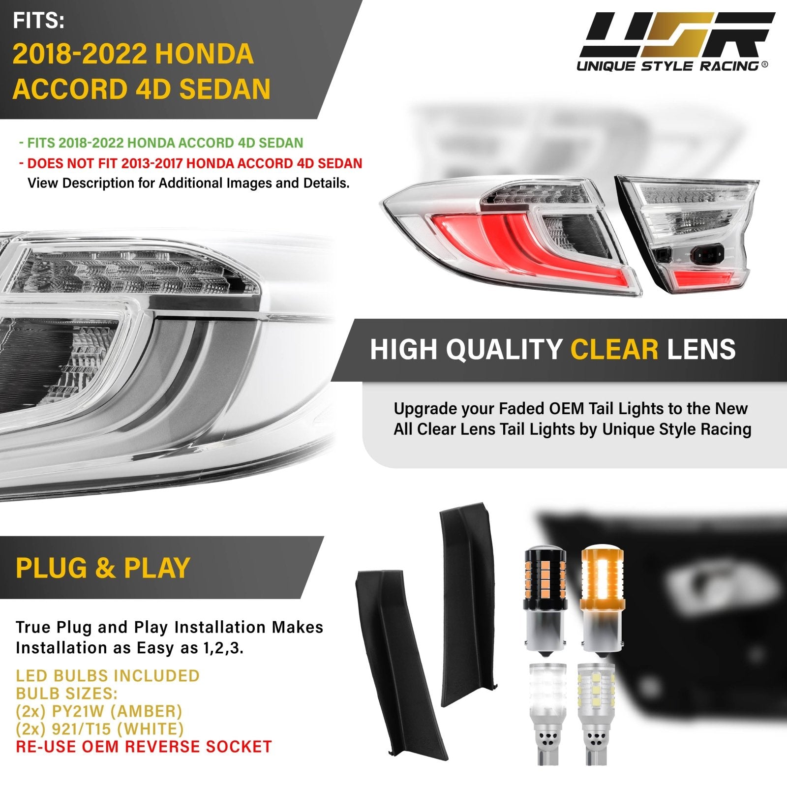 2018-2022 Honda Accord 4D Sedan All Clear Lens 4PC LED Tail Lights