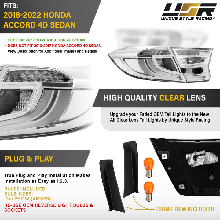 2018 2019 2020 2021 2022 Honda Accord 4D Sedan All Clear Lens 4PC Tail Lights

#light-source_incandescent