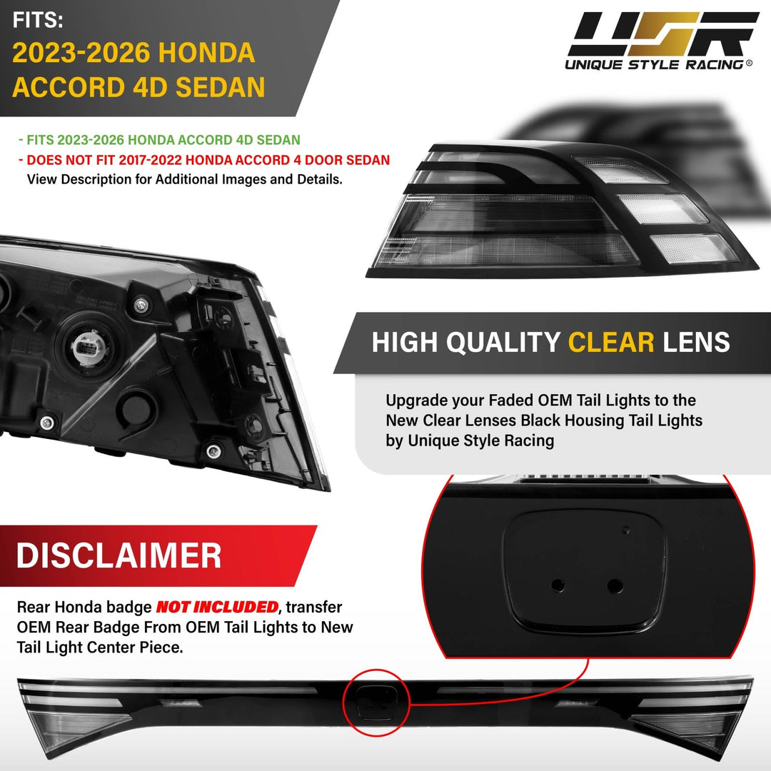 2024 2025 2026 Honda Accord 4D Sedan Black Housing All Clear Lens Full LED 3PC Tail Lights