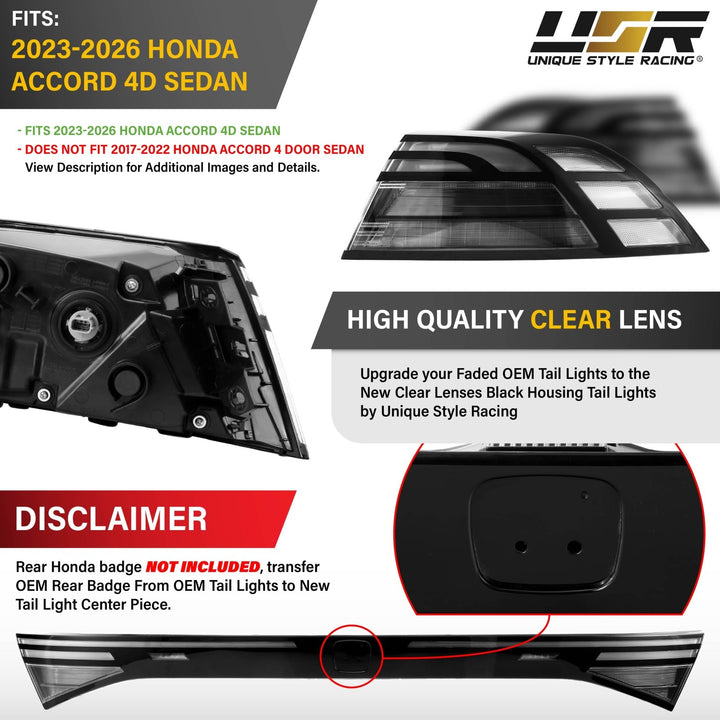 2024 2025 2026 Honda Accord 4D Sedan Black Housing All Clear Lens Full LED 3PC Tail Lights