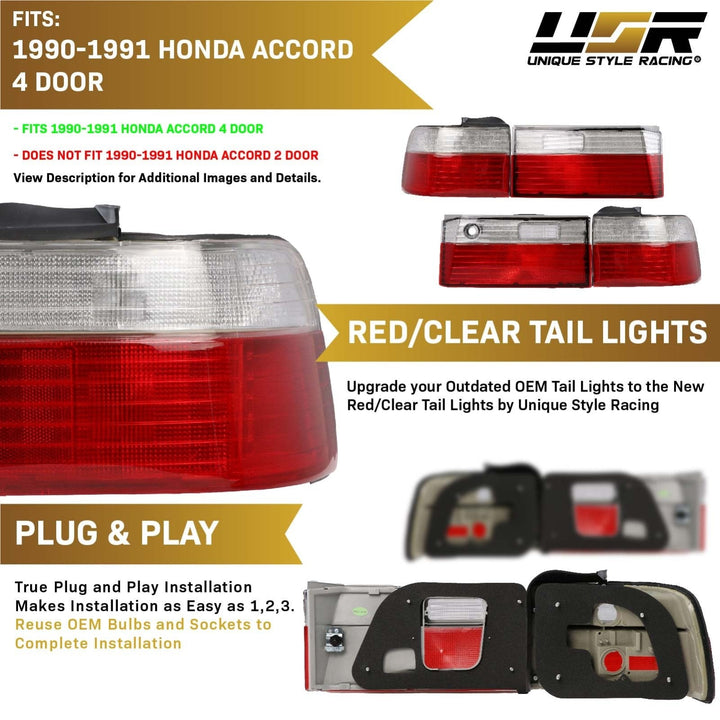 1990 - 1991 Honda Accord 4D Sedan JDM Style Red/Clear Lens 4 Piece Tail Lights