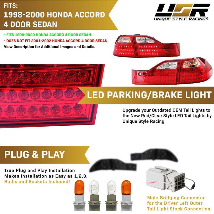 1998 - 2000 Honda Accord 4 Door Sedan JDM Style Red/Clear LED Tail Lights