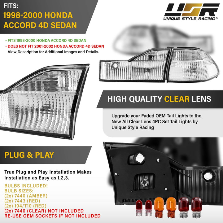 1998-2000 Honda Accord 4D Sedan All Clear Lens 4PC Tail Lights
