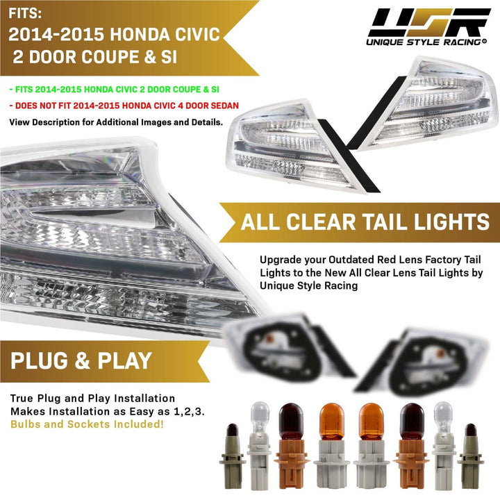 2014 - 2015 Honda Civic 2 Door Coupe & SI All Clear Lens Tail Lights