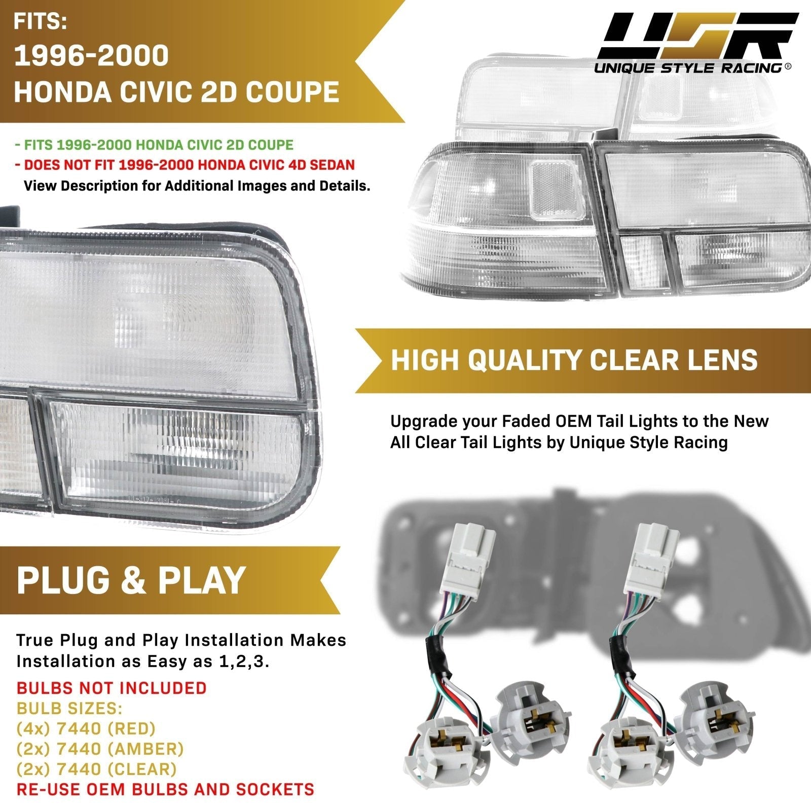 1996-2000 Honda Civic 2D Coupe EK JDM All Clear Lens 4PC Tail