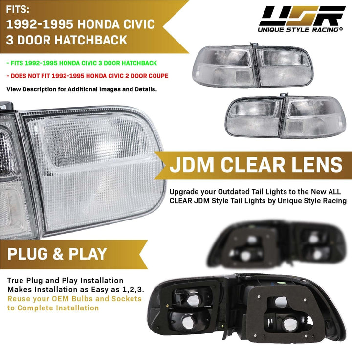 1992 - 1995 Honda Civic 3D Hatch EG SiR JDM Style All Clear Lens 4 Piece Tail Light