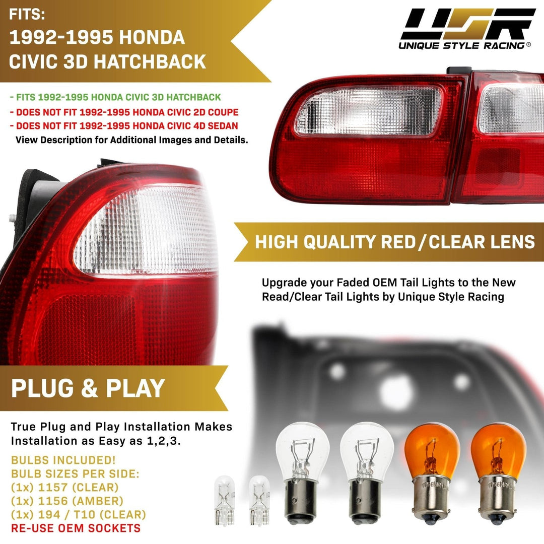 1992 - 1995 Honda Civic Hatchback EG 3 Door 4 Piece JDM SiR Style Red/Clear Lens Tail Lights