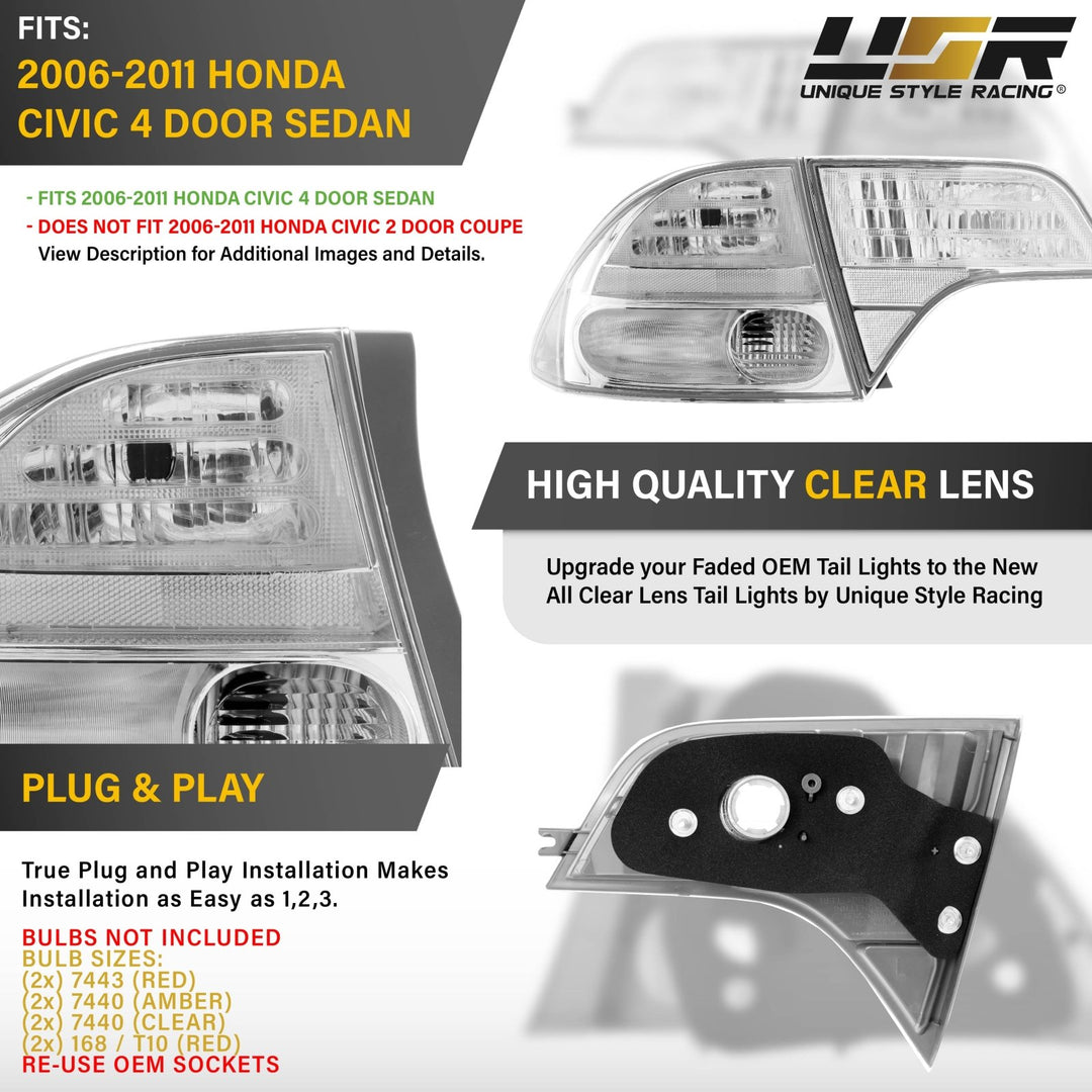 2006 - 2011 Honda Civic 4D Sedan Euro Spec 4PC All Clear Tail Lights

#light-source_incandescent