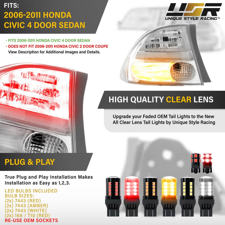 2006 - 2011 Honda Civic 4D Sedan Euro Spec 4PC All Clear Tail Lights

#light-source_led