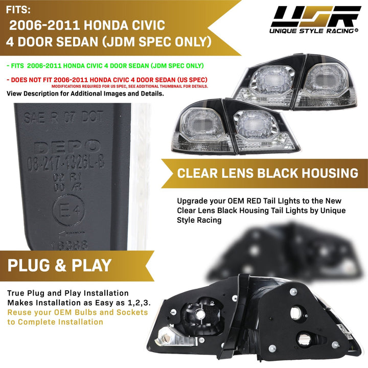 2006 - 2011 Honda Civic 4D Sedan BLACKLINE JDM Spec TypeR Euro Conversion Tail Light