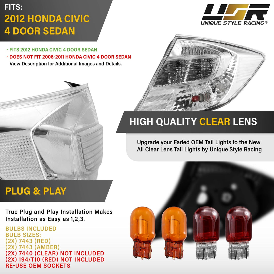2012 Honda Civic 4D Sedan All Clear Lens Tail Lights