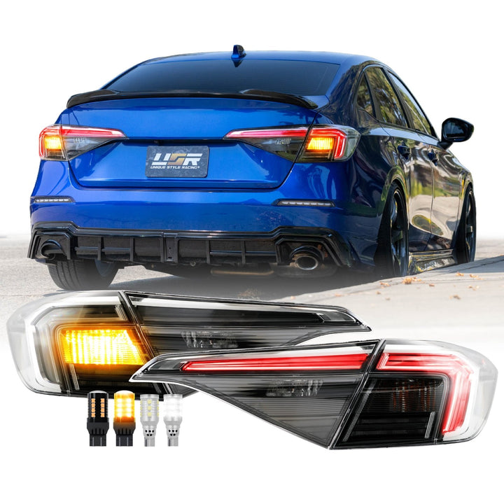2022 - 2025 Honda Civic 4D Sedan OE Style Black Housing All Clear Lens With Built In Red LED Bars 4PC Tail Lights

#light-source_led