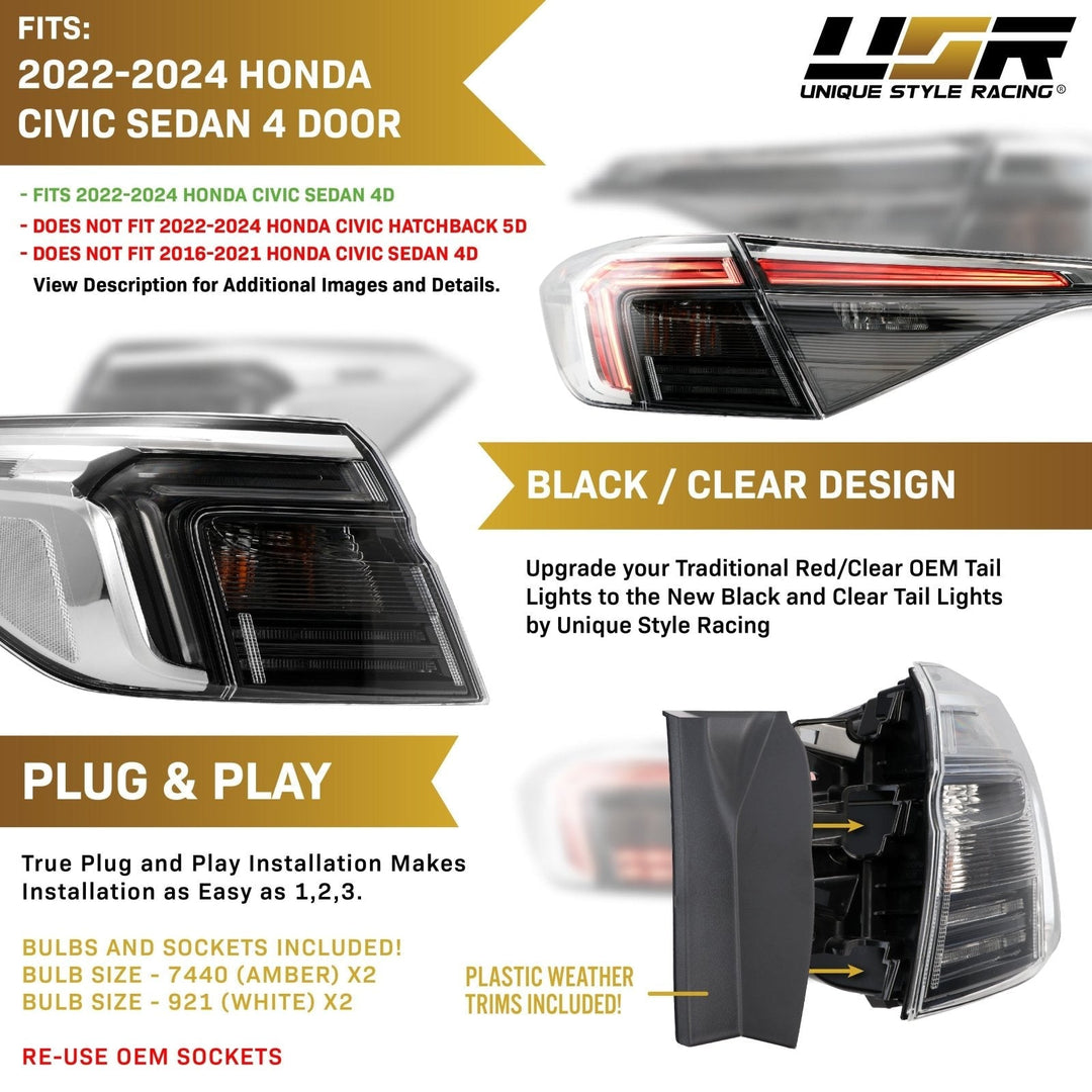 2022 - 2025 Honda Civic 4D Sedan OE Style Black Housing All Clear Lens With Built In Red LED Bars 4PC Tail Lights