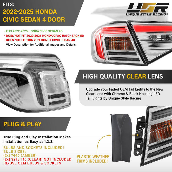 2022-2026 Honda Civic 4D Sedan All Clear Lens LED 4PC Tail Lights