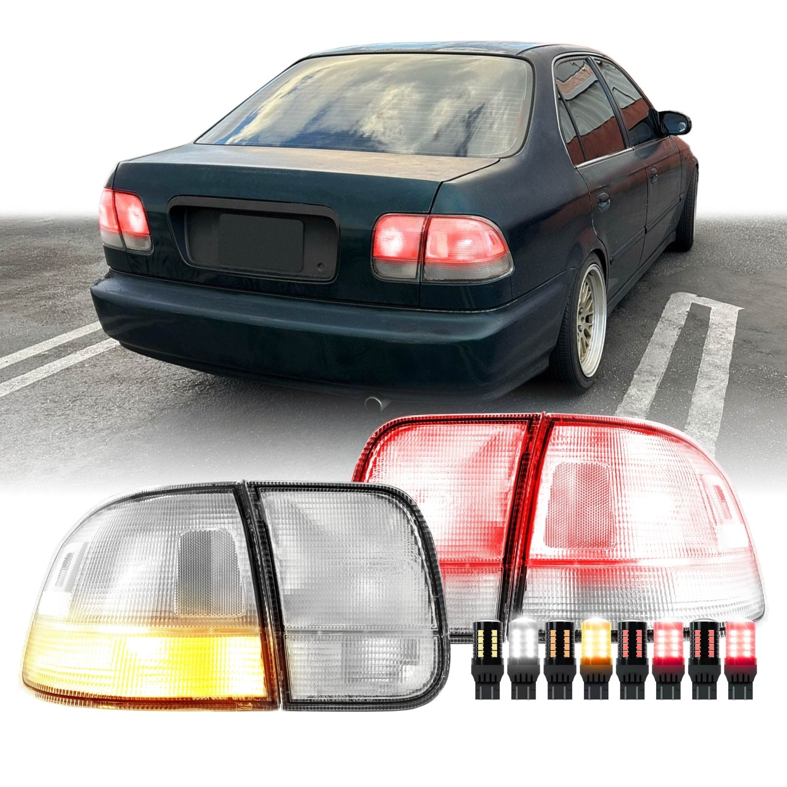 1996-1998 Honda Civic 4D Sedan 4PC All Clear Lens Tail Lights