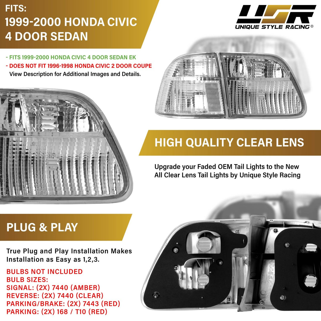 Fits 1999-2000 Honda Civic EK 4Dr Sedan Red/Clear Tail Lights Brake Lamps 99-00 Fits 1999-2000 Honda Civic EK 4Dr Sedan Red/Clear Tail Lights Brake Lamps 99-00