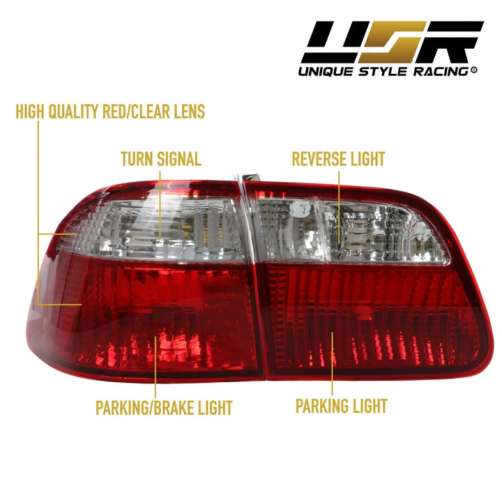 1999 - 2000 Honda Civic 4D Sedan EK JDM Style 4PC Red/Clear Lens Tail Light