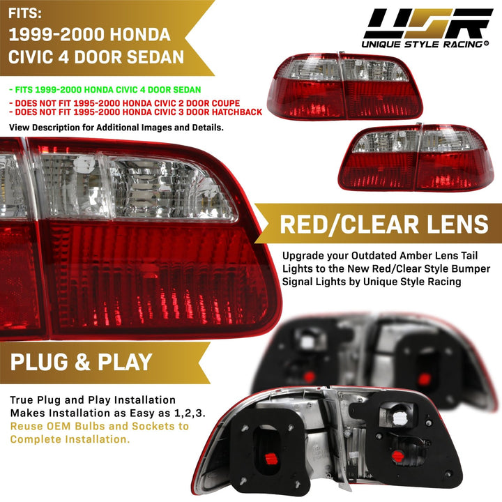 1992-2000 Honda Civic 4D Sedan EK JDM Style 4PC Red/Clear Lens Tail Light