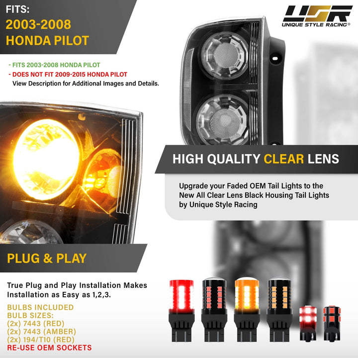 2003 2004 2005 2006 2007 2008 Honda Pilot Black Housing All Clear Lens Tail Lights

#light-source_led
