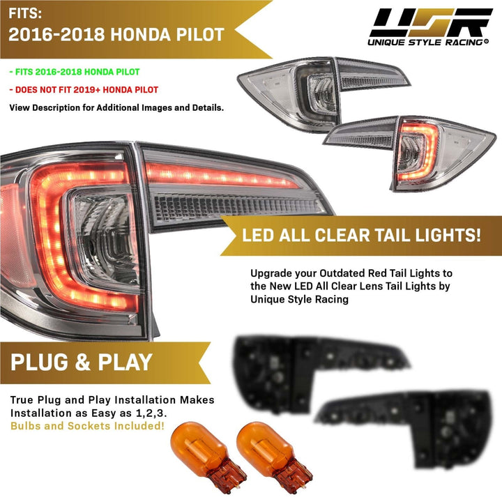 2016 - 2018 Honda Pilot 3rd GEN SUV All Clear Lens LED 4 Piece Tail Lights