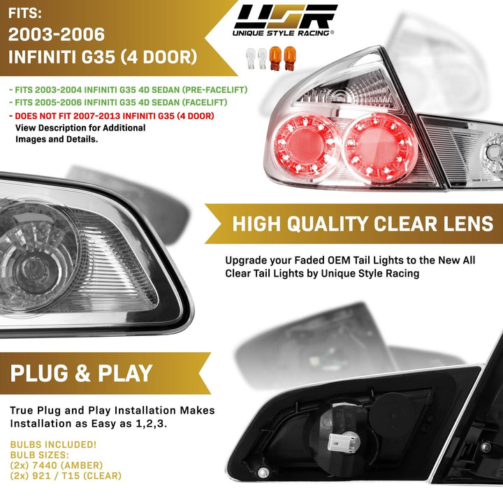 2003 - 2006 Infiniti G35 4 Door Sedan All Clear Lens 4 Piece Tail Lights
