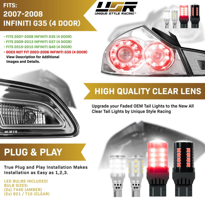 2007 - 2013 Infiniti G35 4D, 2009 - 2013 G37 4D & 2015 Q40 4D Sedan All Clear Lens LED Tail Lights