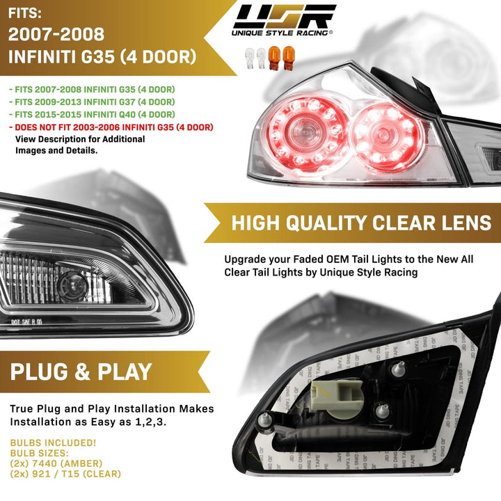 2007 - 2013 Infiniti G35 4D, 2009 - 2013 G37 4D & 2015 Q40 4D Sedan All Clear Lens LED Tail Lights