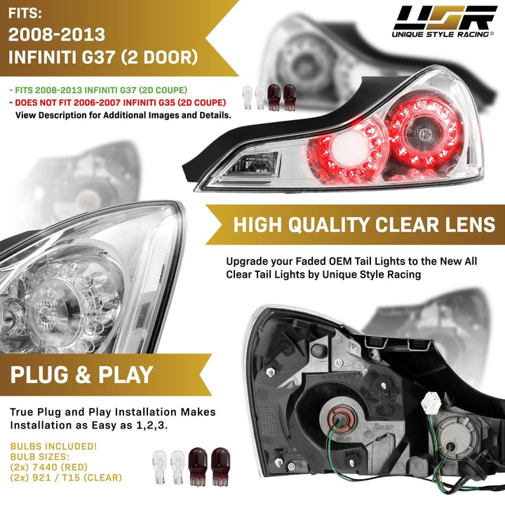 2008 - 2013 Infiniti G37 & 2014 - 2015 Infiniti Q60 2 Door Coupe All Clear Lens Tail Lights
