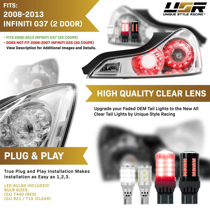 2008 - 2013 Infiniti G37 & 2014 - 2015 Infiniti Q60 2 Door Coupe All Clear Lens Tail Lights
