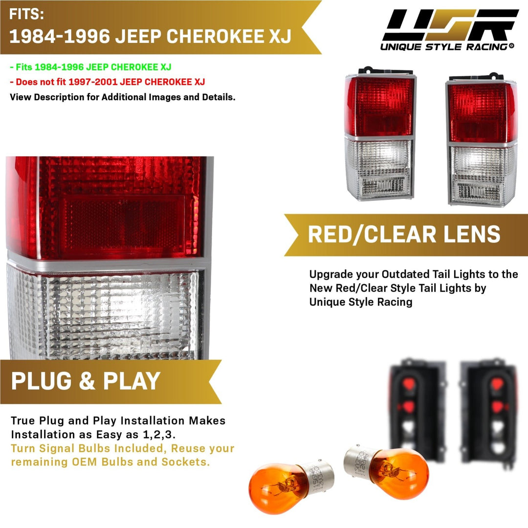 1984 - 1996 Jeep Cherokee XJ Red / Clear Lens Tail Lights