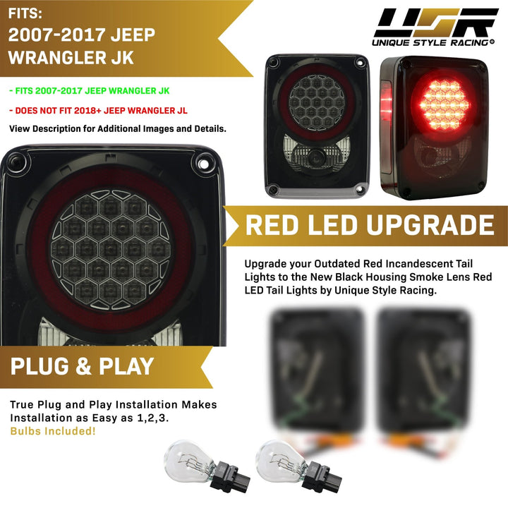 2007 - 2017 Jeep Wrangler JK Clear or Smoke Lens Red LED Tail Lights

#color_black-housing-smoke-lens