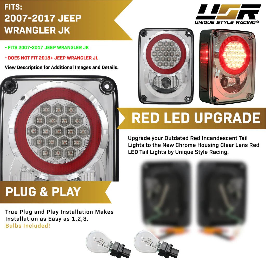 2007 - 2017 Jeep Wrangler JK Clear or Smoke Lens Red LED Tail Lights