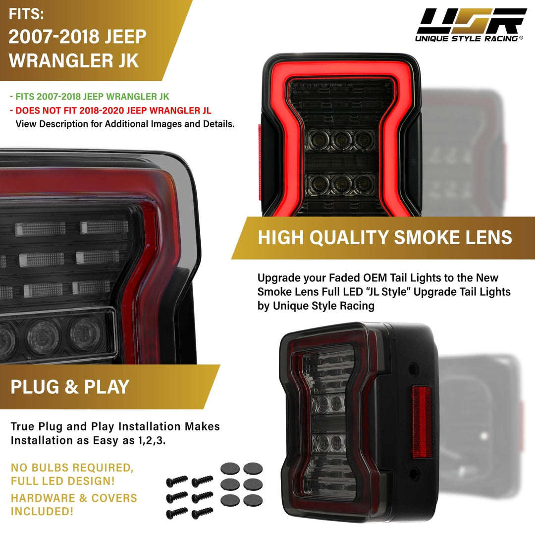 2007 - 2018 Jeep Wrangler 2D & 4D Sport Utility Vehicle Smoke or Clear Lens Full LED Tail Lights