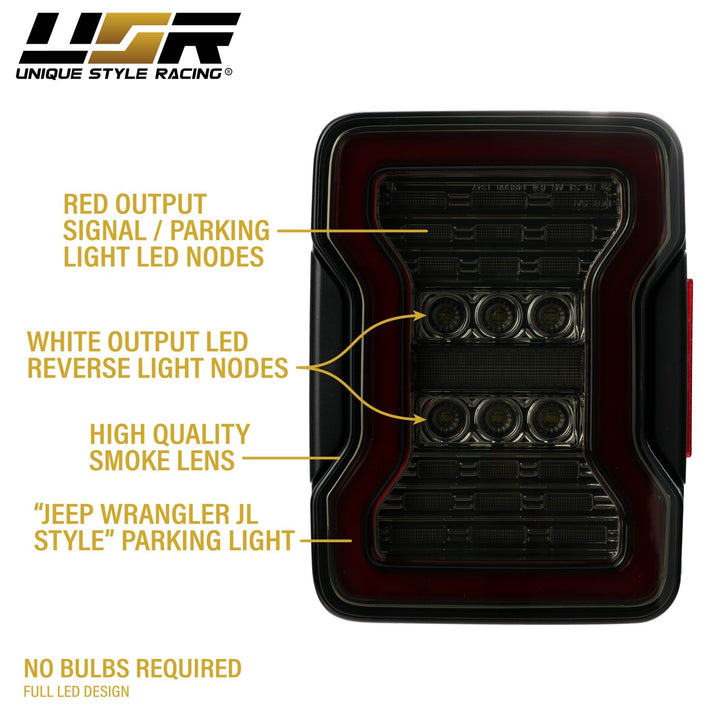 2007 - 2018 Jeep Wrangler 2D & 4D Sport Utility Vehicle Smoke or Clear Lens Full LED Tail Lights