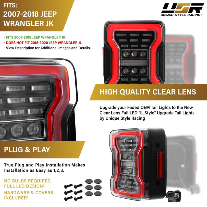 2007 - 2018 Jeep Wrangler 2D & 4D Sport Utility Vehicle Smoke or Clear Lens Full LED Tail Lights