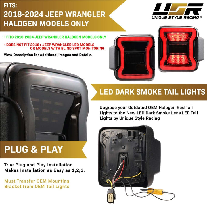 2018 - 2024 Jeep Wrangler JL Smoke Lens LED Tail Light Upgrade for Stock Halogen Models