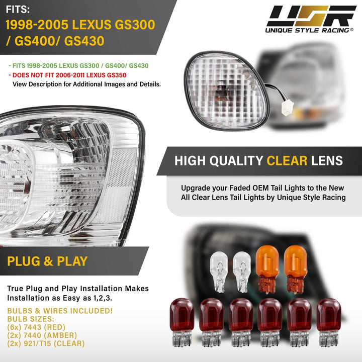 1998-2005 Lexus GS300 / 400 / 430 All Clear Lens 4PC Tail Lights
#light-source_incandescent