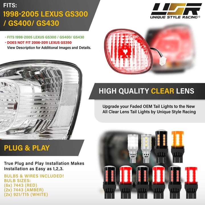 1998 1999 2000 2001 20002 2003 2004 2005 Lexus GS300 GS 300 / 400 / 430 All Clear Lens 4PC Tail Lights 4 Piece

#light-source_led