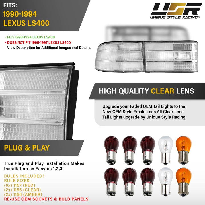 1990 - 1994 Lexus LS400 All Clear Lens 4PC Tail Light