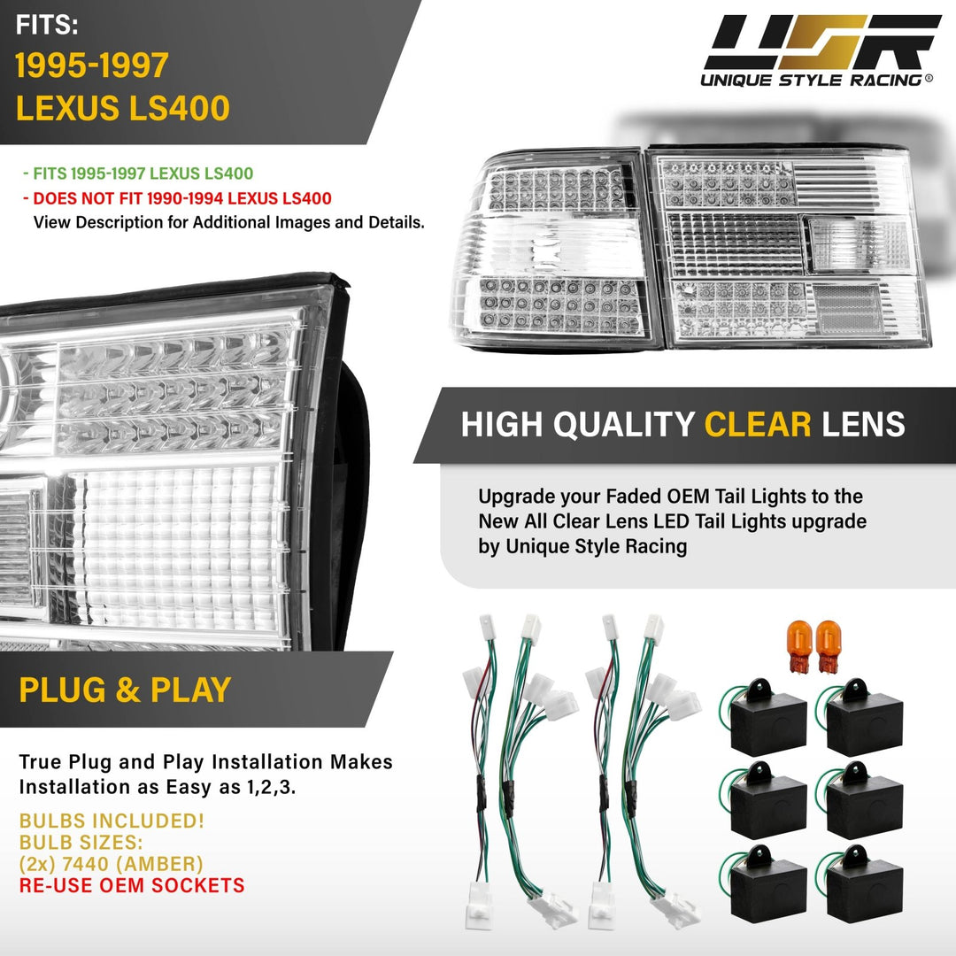 1995 - 1997 Lexus LS400 All Clear Lens LED 4PC Tail Lights
