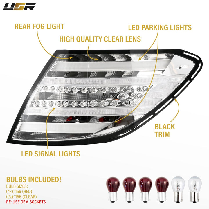 2008 - 2014 Mercedes W204 C Class Facelift Style All Clear Lens LED Tail Lights