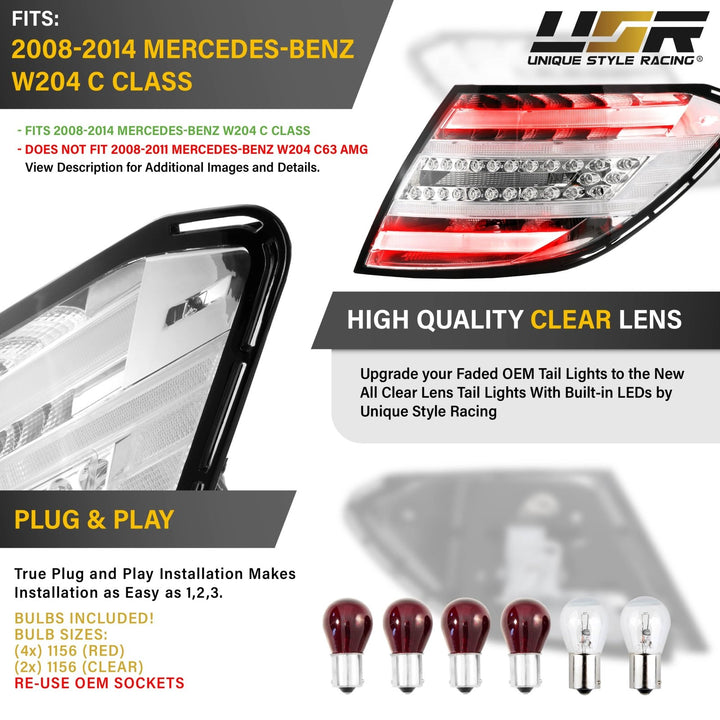 2008 - 2014 Mercedes W204 C Class Facelift Style All Clear Lens LED Tail Lights