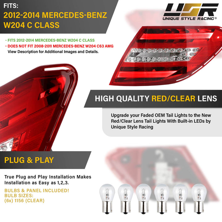 2008-2011 Mercedes W204 C Class Facelift Style Red / Clear Lens LED Tail Lights