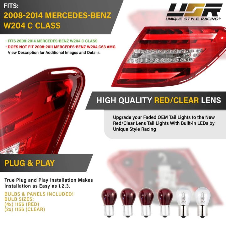 2008 - 2011 Mercedes W204 C Class Facelift Style Red / Clear Lens LED Tail Lights
