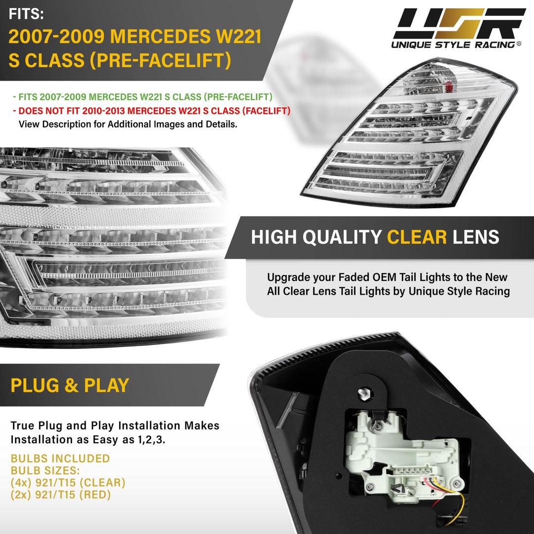 2007 - 2009 Mercedes W221 S Class Facelift Style All Clear Lens Tail Lights