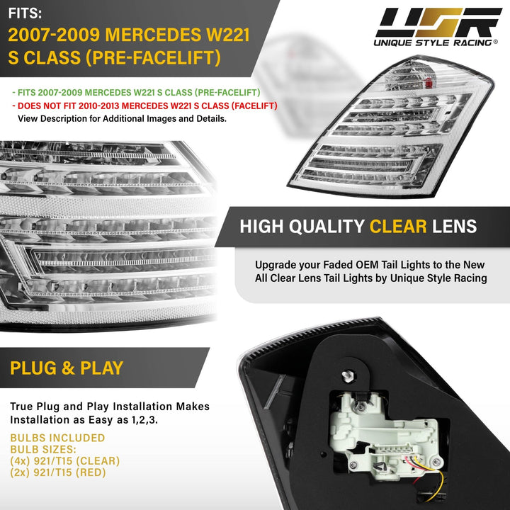 2007 - 2009 Mercedes W221 S Class Facelift Style All Clear Lens Tail Lights