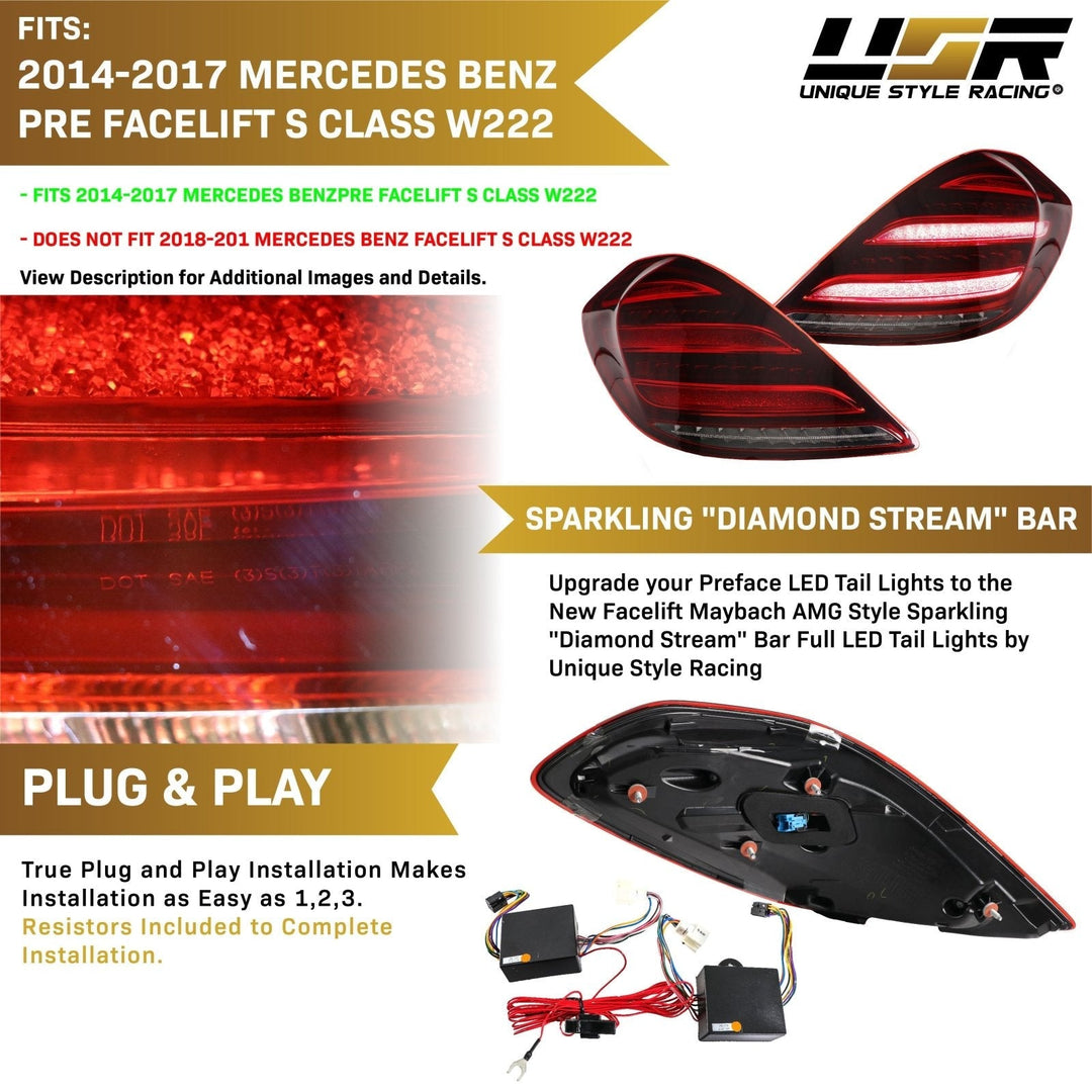2014 - 2017 Mercedes S Class W222 Maybach AMG USA FACELIFT Plug & Play Red Lens Full LED Tail Light Set