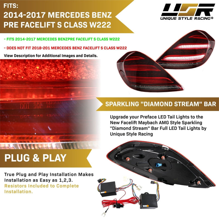 2014 - 2017 Mercedes S Class W222 Maybach AMG USA FACELIFT Plug & Play Red Lens Full LED Tail Light Set